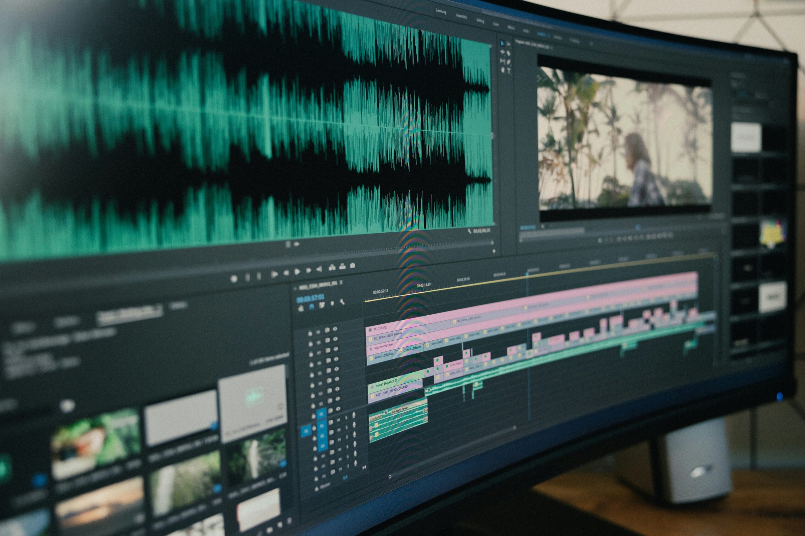computer screen showing an open post-production workflow. Premiere pro file – the image focuses on the audio 