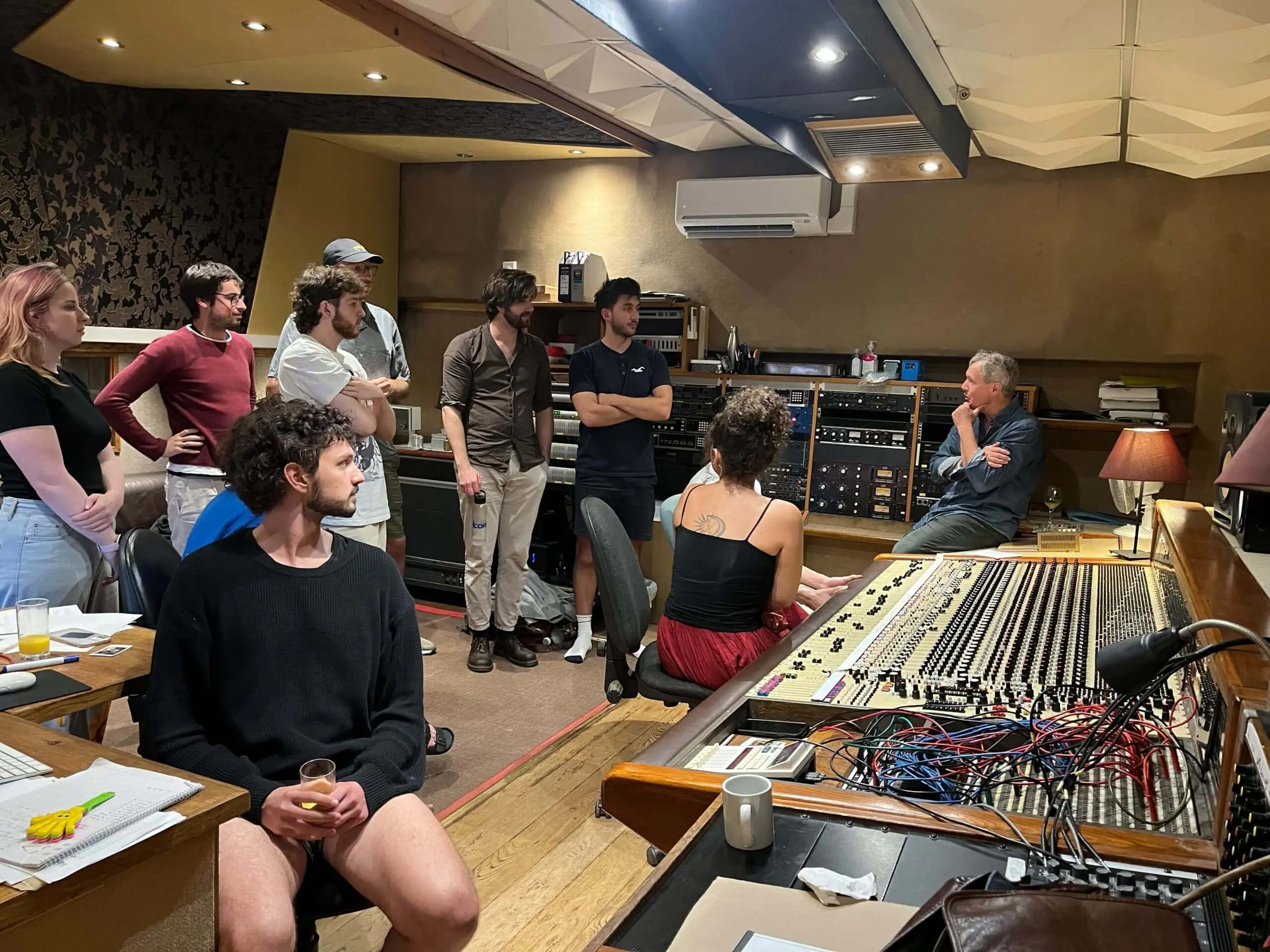 Abbey Road Institute students with engineer producer Matt Butler in the Quadrangle Studio at Rockfield