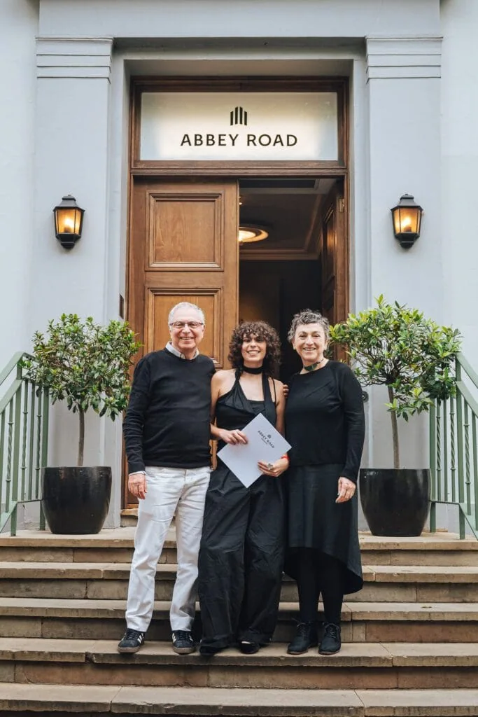 graduate Lia Sztutman and family at Abbey Road Studios