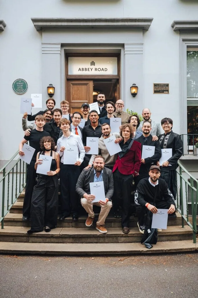 the ARI group of students on the famous steps at Abbey Road Studios